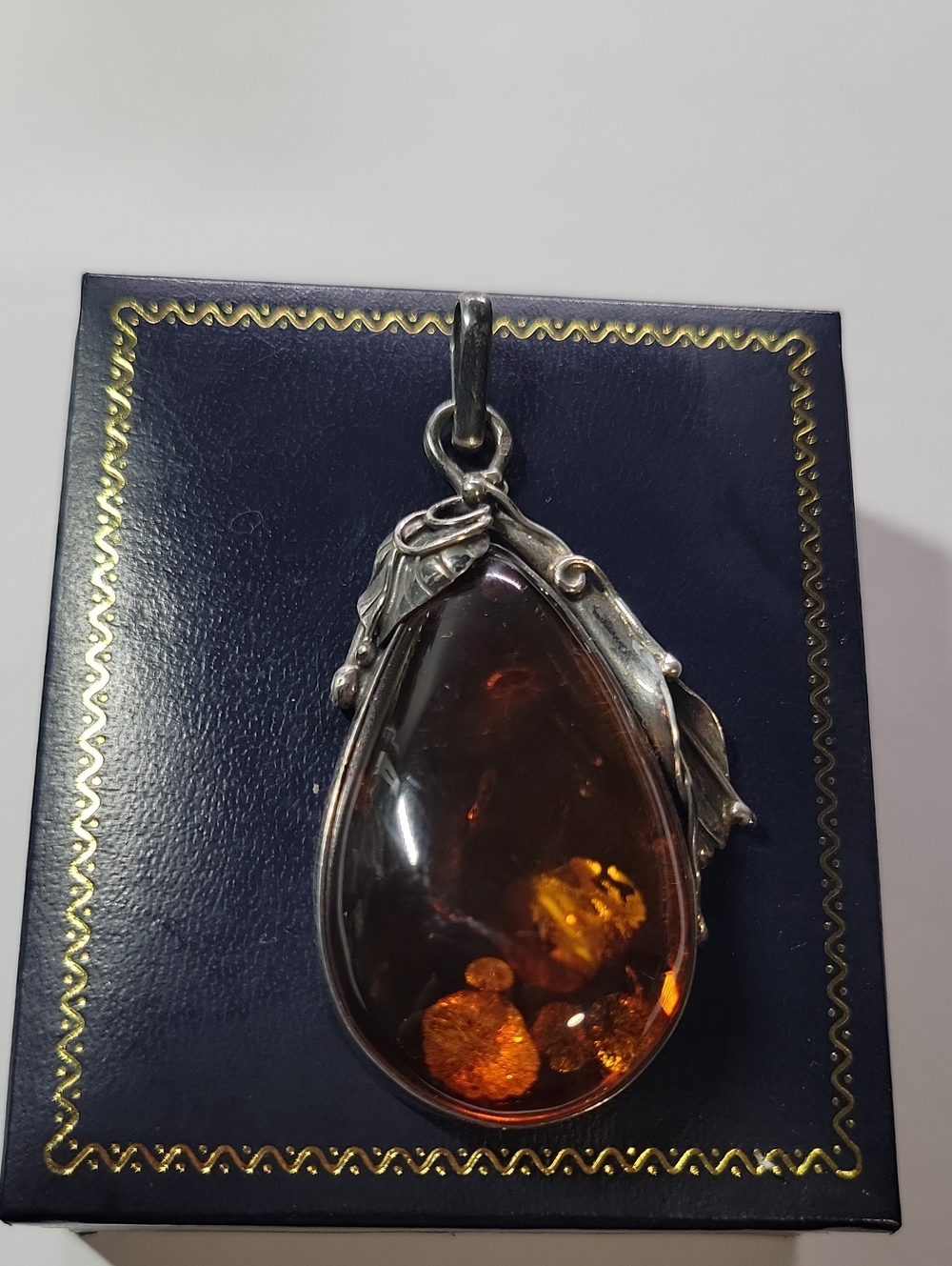 Vintage Sterling Silver Amber Teardrop Pendant - Rich Honey Brown